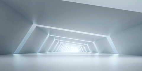 Abstract Futuristic tunnel. Sci-fi Long Light Corridor concept.  Empty Modern Future white background. 3d rendering © Chanchai