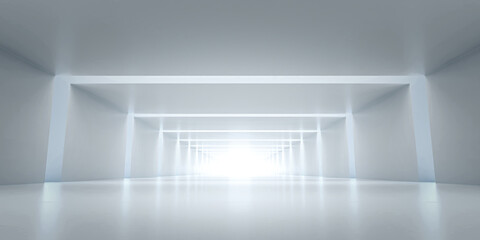 Fototapeta premium Abstract Futuristic tunnel. Sci-fi Long Light Corridor concept. Empty Modern Future white background. 3d rendering