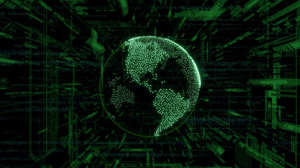 A transparent green digital globe covered over the continents by bits 0 and 1 in a random manner, on a cyberspace background (3d render)