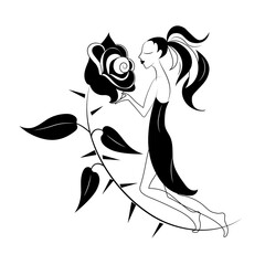 Girl and black rose. Vector drawing illustration.