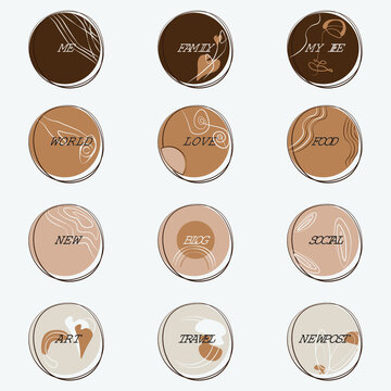 Abstract Vector Icons With Captions For Stories In
Instagram. Made In The Same Style In Warm Light Beige And Brown Tones With Abstract Elements On Different Themes. Pictures For The Actual.