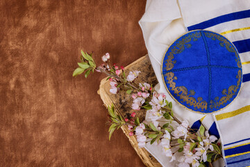 Prayer torah book with prayer shawl tallit jewish religious symbols