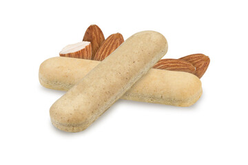 Сookies and almonds on an isolated white background. Almond flavored biscuits.