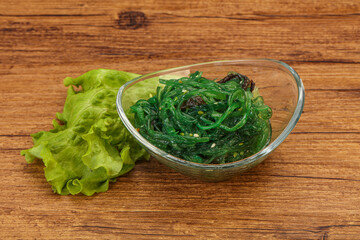 Green Chuka Seaweed Salad Isolated on White Background Top View. Wakame Sea Kelp Salat