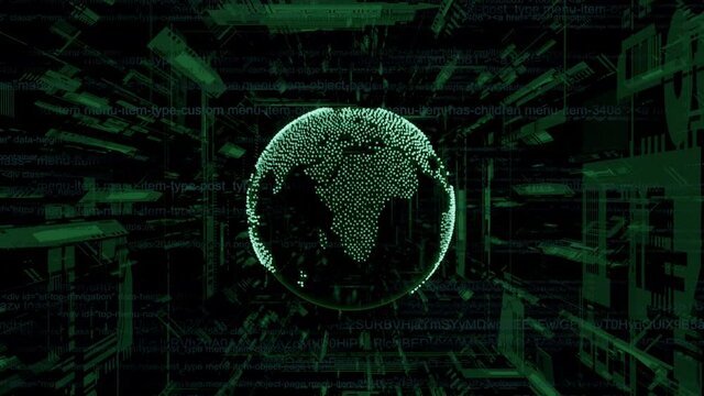A rotating digital globe covered over the continents by bits 0 and 1 that constantly change from one state to another opens into a world map and the bits flow towards the camera randomly