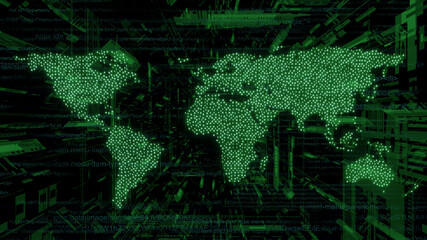 A transparent green digital world map covered over the continents by bits 0 and 1 in a random manner, on a cyberspace background (3d render)