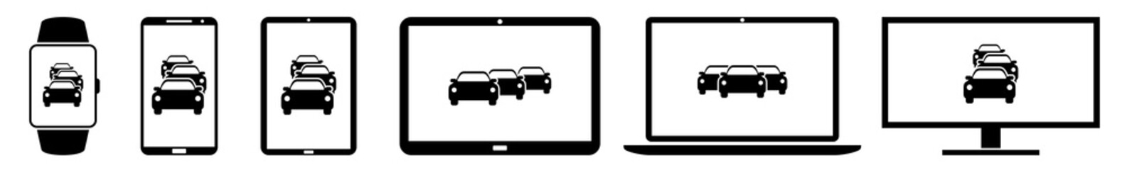 Display Car, Automobile, Automotive, Traffic, Rush, Hour, Jam Icon Devices Set | Web Screen Device Online | Laptop Vector Illustration | Mobile Phone | PC Computer Smartphone Tablet Sign Isolated