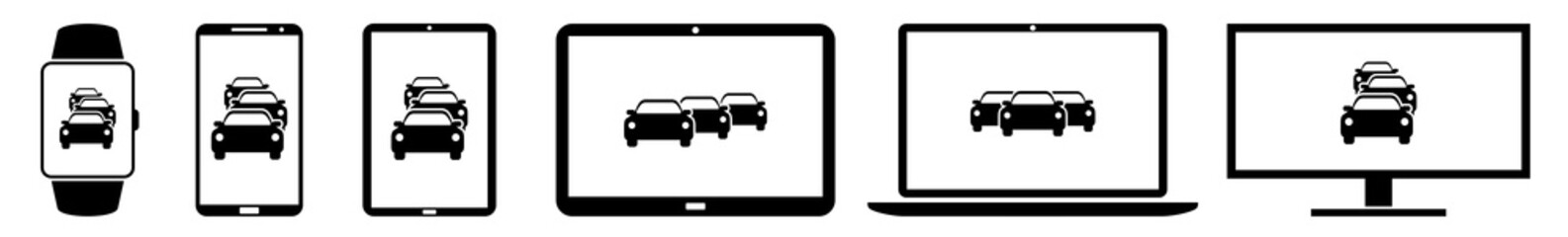 Display Car, Automobile, Automotive, Traffic, Rush, Hour, Jam Icon Devices Set | Web Screen Device Online | Laptop Vector Illustration | Mobile Phone | PC Computer Smartphone Tablet Sign Isolated