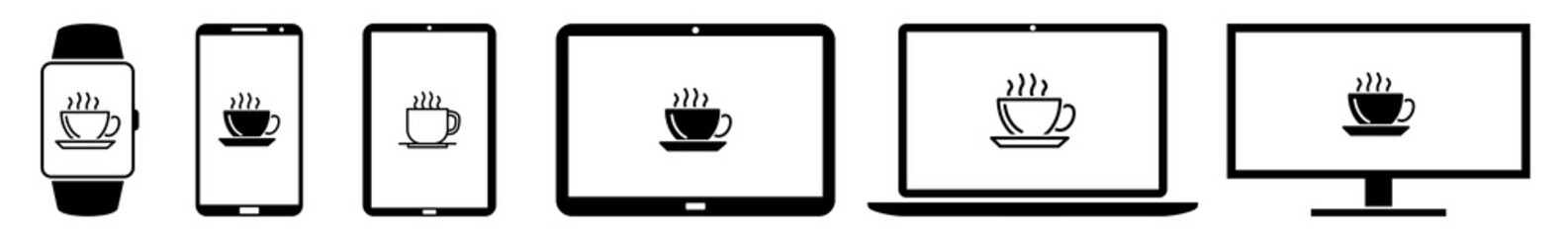 Display Coffee, Tea, Break, Cup, Mug Icon Devices Set | Web Screen Device Online | Laptop Vector Illustration | Mobile Phone | PC Computer Smartphone Tablet Sign Isolated