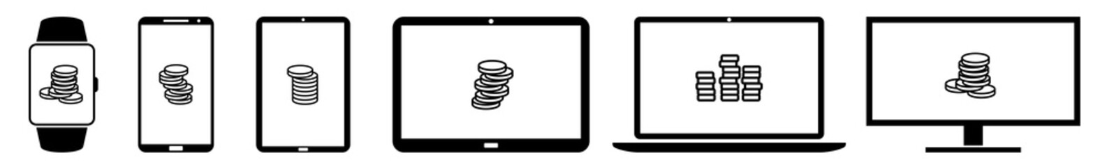 Display Coins, Money, Cash, Rich, Crypto, Currency, Banking Icon Devices Set | Web Screen Device Online | Laptop Vector Illustration | Mobile Phone | PC Computer Tablet Sign Isolated