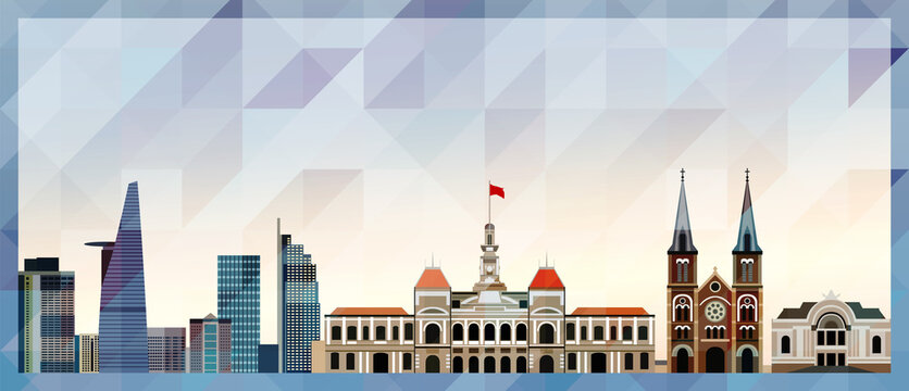 Ho Chi Minh City skyline vector colorful poster on beautiful triangular texture background