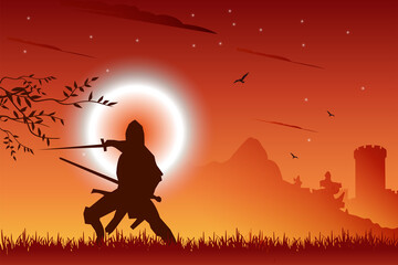 Silhouette of a medieval knight carrying a sword
