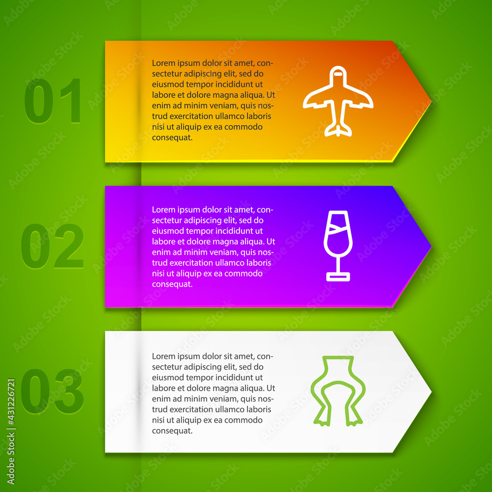 Sticker set line plane, wine glass, frog legs and notre dame. business infographic template. vector