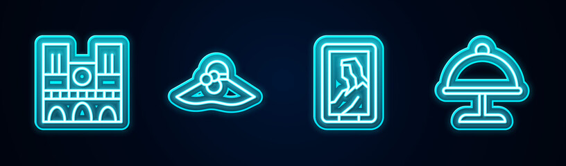 Set line Notre Dame, Elegant women hat, Portrait in museum and Covered with tray. Glowing neon icon. Vector