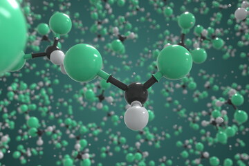 Chlorofluoromethane molecule made with balls, conceptual molecular model. Chemical 3d rendering