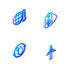 Set Isometric line Tag with leaf, Global warming, Recycle clean aqua and Wind turbine icon. Vector