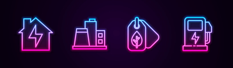 Set line House and lightning, Factory, Tag with leaf and Electric car charging station. Glowing neon icon. Vector