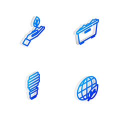 Set Isometric line Trash can, Plant in hand, LED light bulb and Earth globe leaf icon. Vector