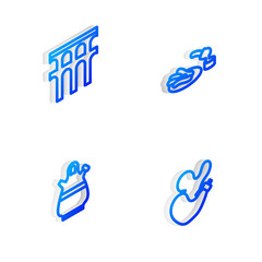 Set Isometric line Churros and chocolate, Aqueduct of Segovia, Sangria pitcher and Spanish wineskin icon. Vector