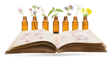 Bach Flowers Bottles adn book Homeopathy Medicine. Concept.