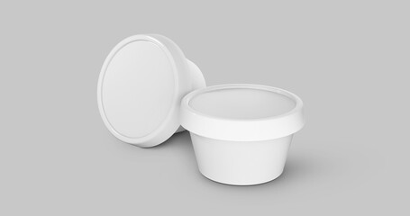 3D black and white round container for cream, butter, melted cheese or margarine spread. Perspective view isolated on gray background. Packaging mockup image.