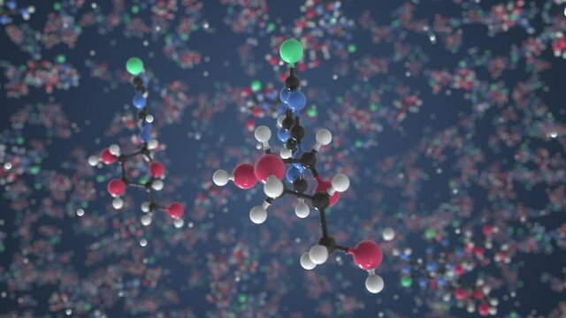 Molecule of Fludarabine. Molecular model, looping seamless 3d animation