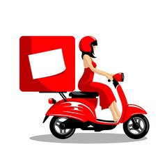 Girl from the delivery service on a red scooter on a white background in vector EPS8
