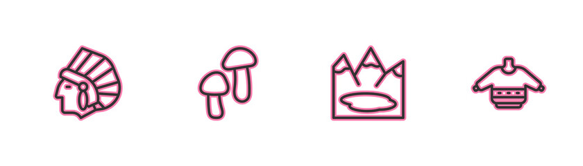 Set line Native American Indian, Canadian lake, Mushroom and Christmas sweater icon. Vector