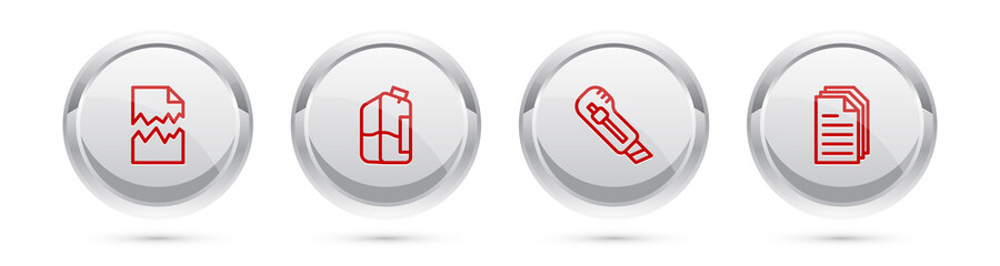 Set line Torn document, Printer ink bottle, Stationery knife and File. Silver circle button. Vector