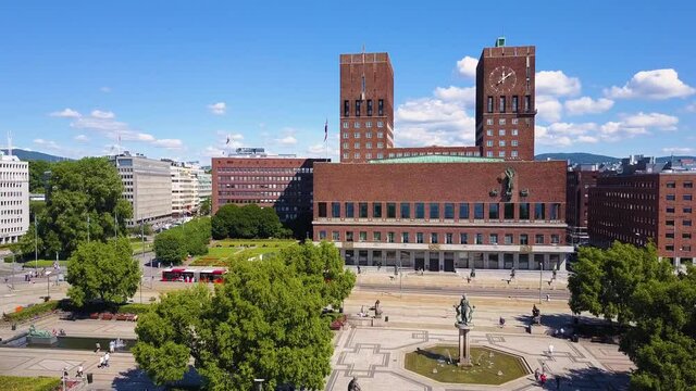 City Hall or Radhus aerial view in Oslo, Norway. Oslo City Hall is a municipal building, houses the Oslo city council.