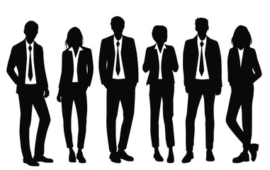 Vector silhouettes of  men and a women, a group of standing  business people, black  color isolated on white background
