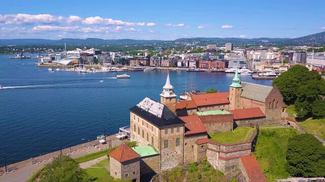 Akershus Fortress aerial panoramic view in Oslo, Norway. Akershus Festning is a medieval fortress that was built to protect Oslo.
