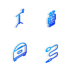 Set Isometric line Microphone, with stand, Stereo speaker and Audio jack icon. Vector