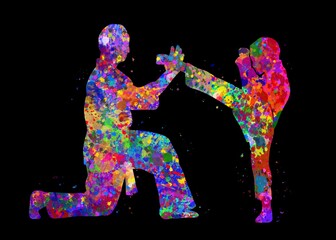 Taekwondo training watercolor art with black background, abstract sport painting. sport art print, watercolor illustration rainbow, colorful, decoration wall art.