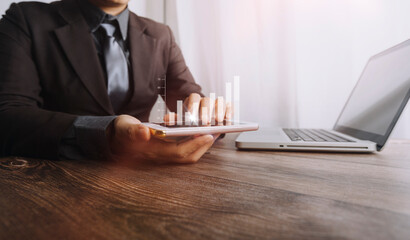Searching Browsing Internet Data Information with blank search bar.businessman working with smart phone, tablet and laptop computer on desk in office. Networking Concept