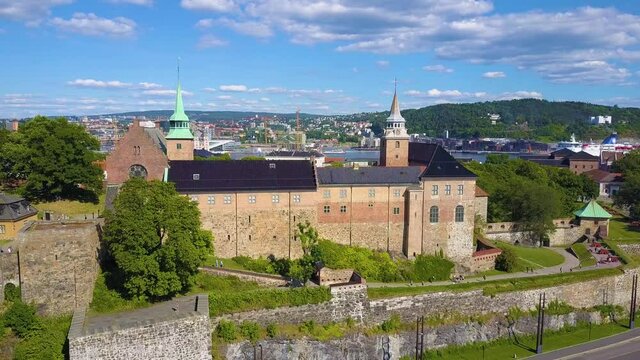 Akershus Fortress aerial panoramic view in Oslo, Norway. Akershus Festning is a medieval fortress that was built to protect Oslo.