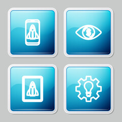 Set line Startup project concept, Eye with dollar, and Light bulb and gear icon. Vector