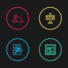 Set line Petition, Broken window, Scales of justice and Protest camp icon. Vector