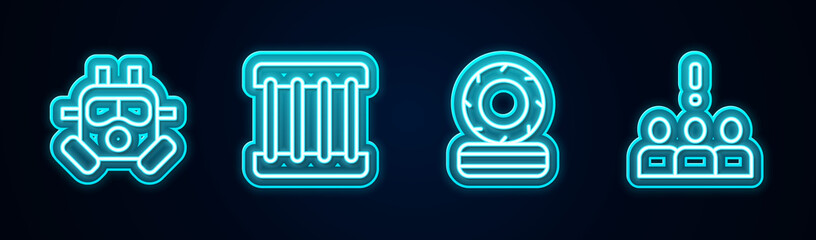 Set line Gas mask, Prison window, Lying burning tires and Crowd protest. Glowing neon icon. Vector