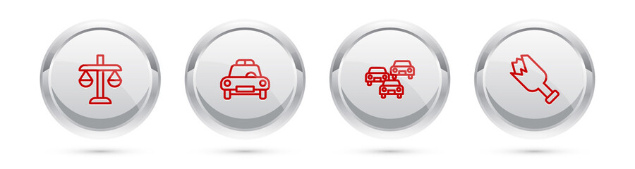 Set line Scales of justice, Police car and flasher, Traffic jam and Broken bottle weapon. Silver circle button. Vector