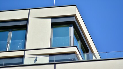 New modern architectural building house. Modern   facade of the apartment building.