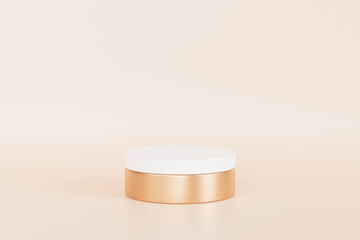 White and golden podium or pedestal for products or advertising on beige background, minimal 3d illustration render