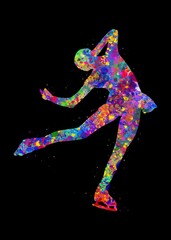 Obraz premium Ice skater girl watercolor art with black background, abstract sport painting. sport art print, watercolor illustration rainbow, colorful, decoration wall art.