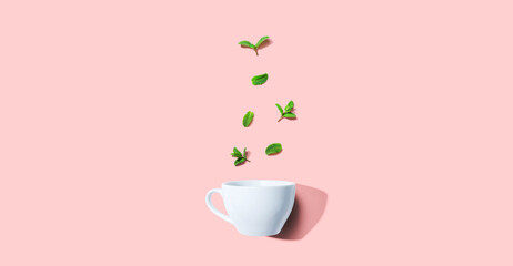 Fresh mints with tea cup overhead view - Powered by Adobe