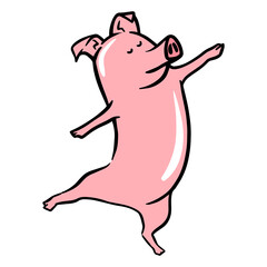 Hand drawn dancing pig color vector illustration