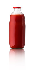 Red liquid tomato juice bottle on mirror surface with copy space isolated on white background front view object for branding studio shot