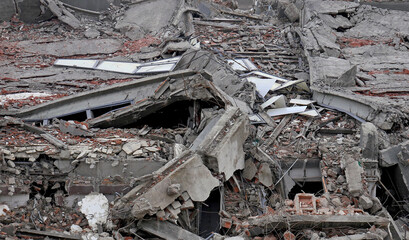 Debris and rubble of an industrial building destroyed by demolition
