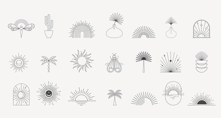 Bohemian linear logos, icons and symbols, sun, palms, landscapes design templates, geometric abstract design elements. Modern minimalist Boho style for social media posts, stories, art boutique © Marina Zlochin