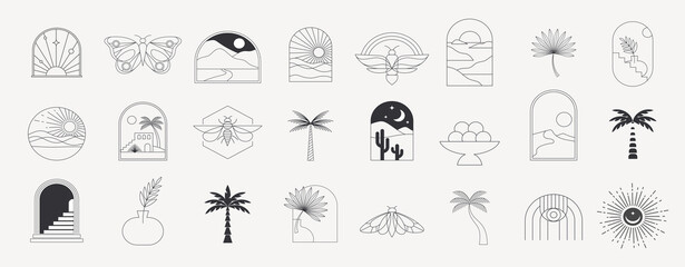 Bohemian linear logos, icons and symbols, sun, palms, landscapes design templates, geometric abstract design elements. Modern minimalist Boho style for social media posts, stories, art boutique - obrazy, fototapety, plakaty