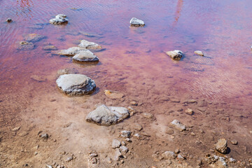 Torrevieja, Valencia, Spain: 09.05.2020; The salt stones of pink lagoon of  Torrevieja